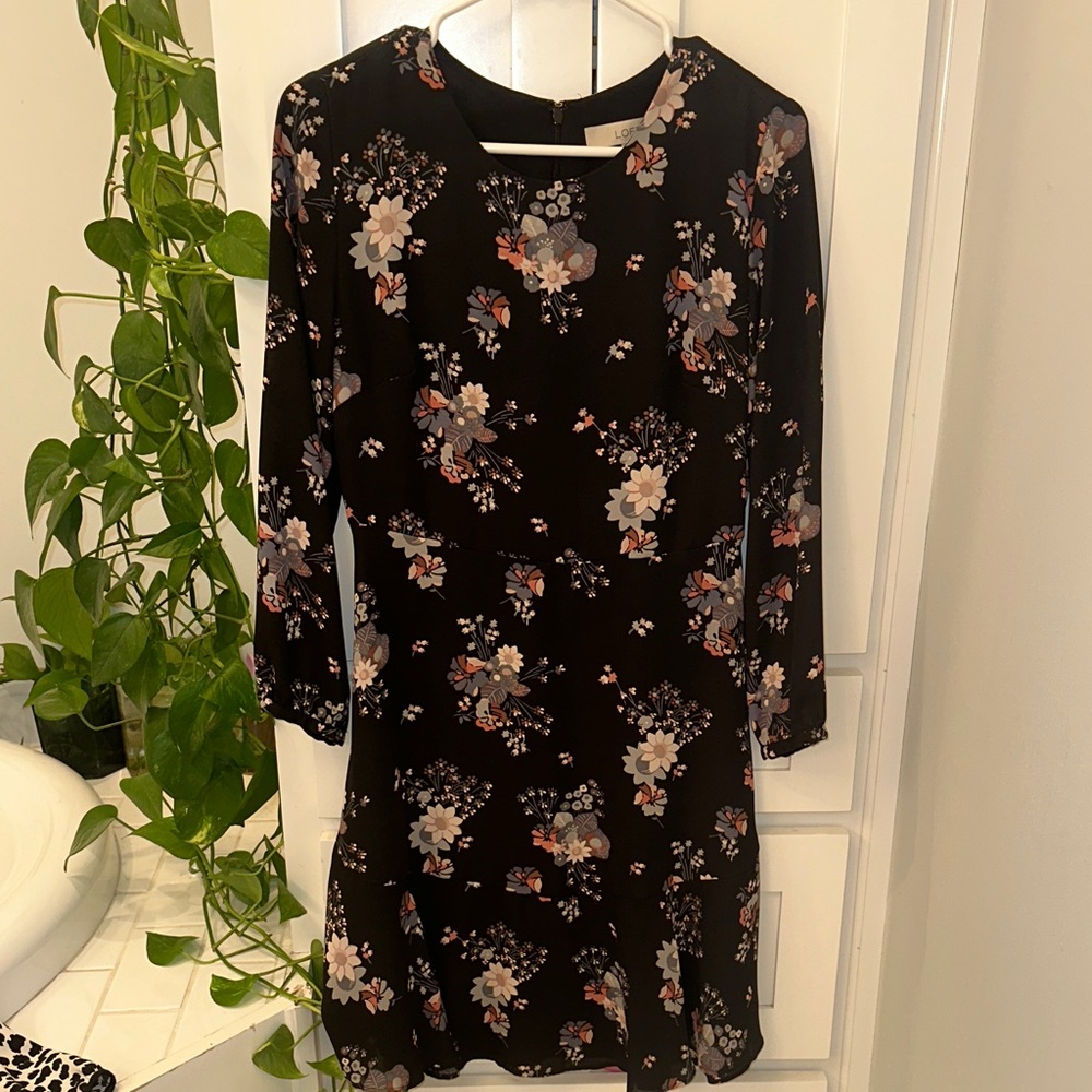 LOFT Floral Black Dress Size 2 3/4 Sleeve Flounce